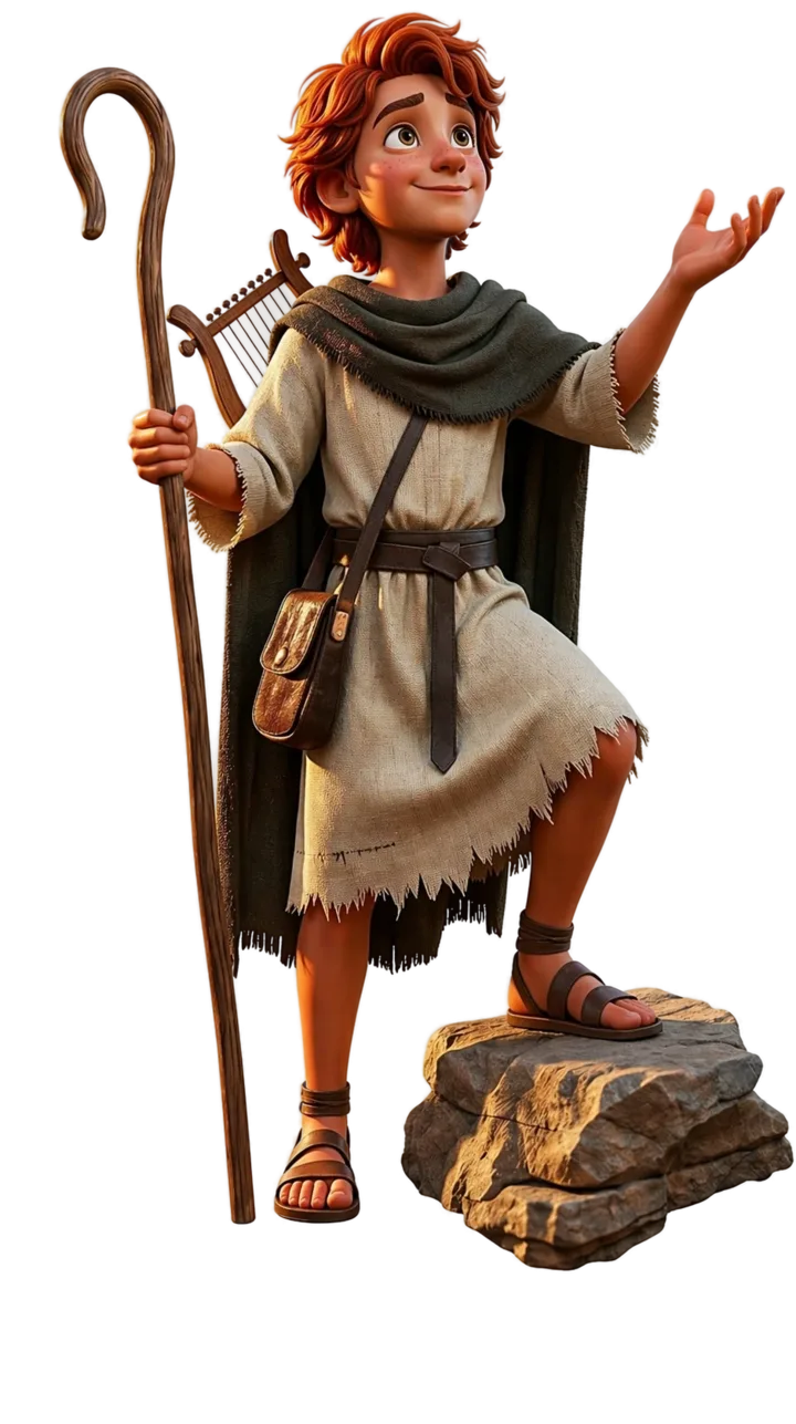 David con cayado sobre una roca