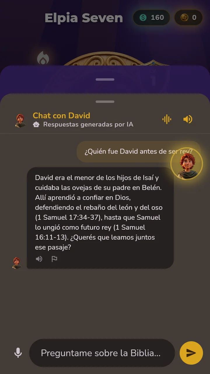Chat de estudio con el personaje, marcado como respuestas generadas por IA