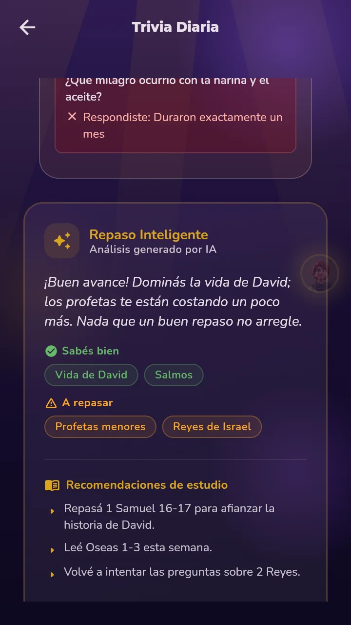 Repaso inteligente al final de la trivia, análisis generado por IA