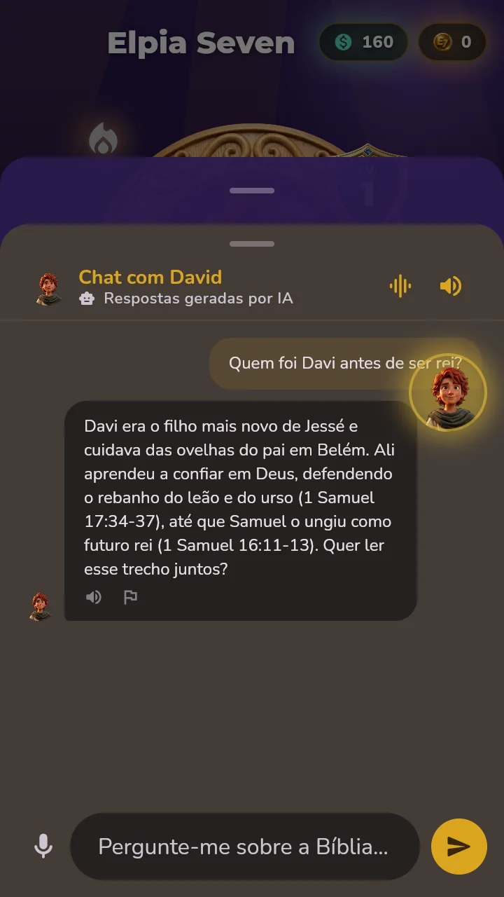Chat de estudo com o personagem, marcado como respostas geradas por IA