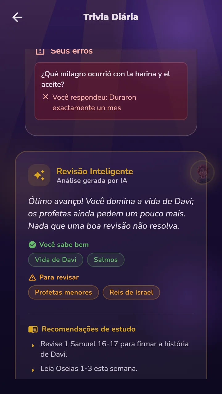 Revisão inteligente ao final da trivia, análise gerada por IA